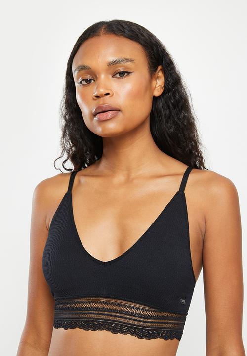 KANGOL - Single ribbed seamless plunge crop with geo lace underband & lurex lable - waffle texture