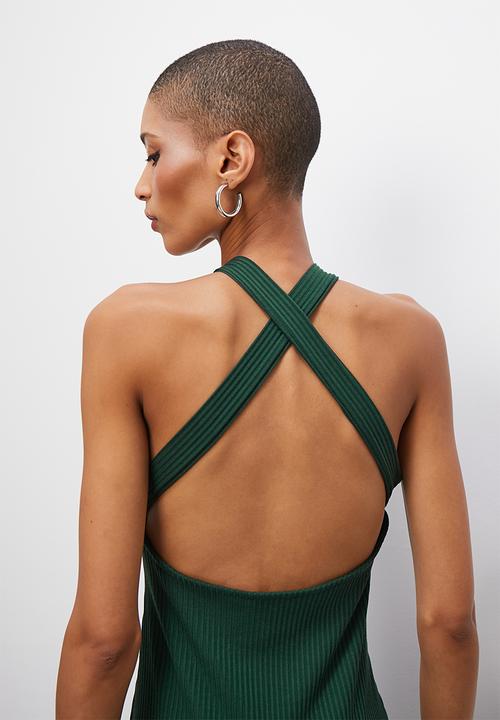 VELVET - Halter knit tank dress with open back - forest green