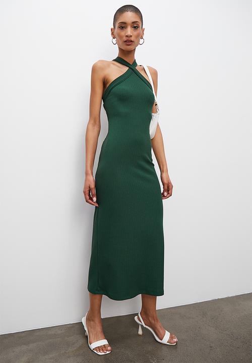 VELVET - Halter knit tank dress with open back - forest green