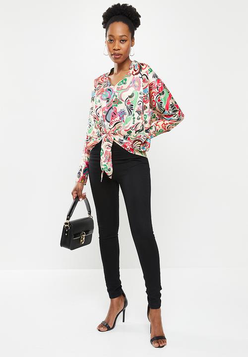SISSY BOY - Knot into you: satin blouse with front tie - beige multi