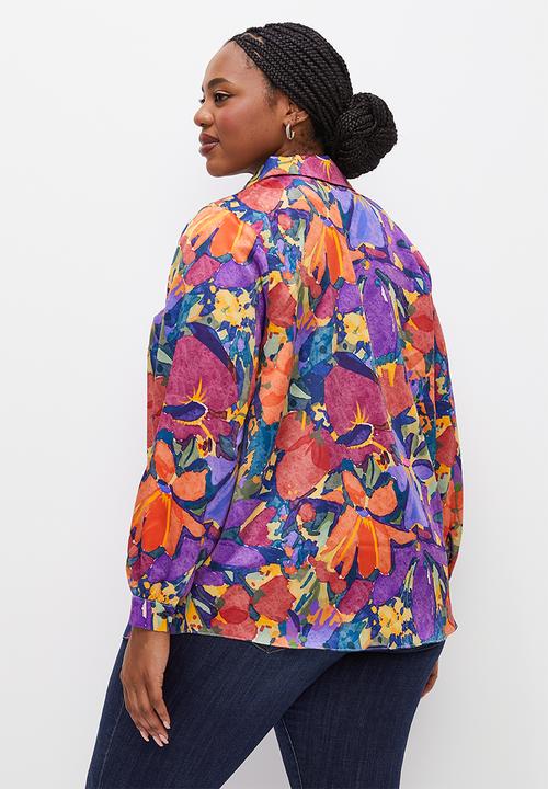 edit Plus - Satin floral shirt - navy bold painted floral