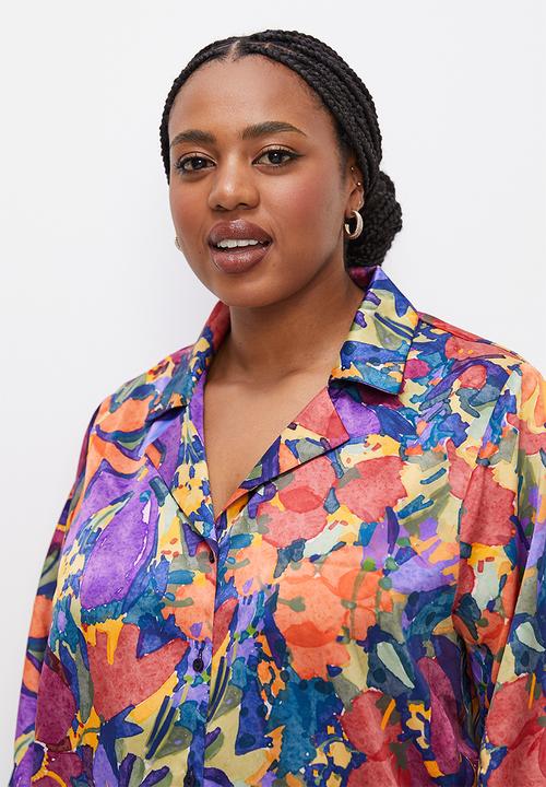 edit Plus - Satin floral shirt - navy bold painted floral