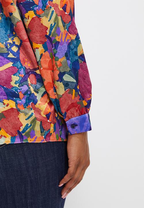 edit Plus - Satin floral shirt - navy bold painted floral