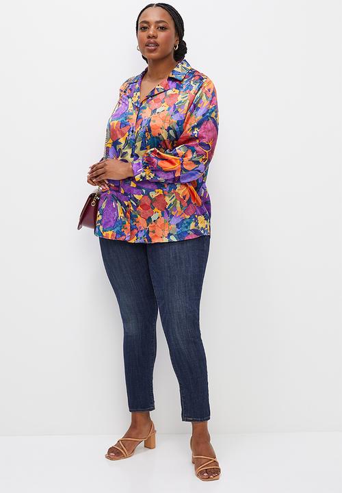edit Plus - Satin floral shirt - navy bold painted floral