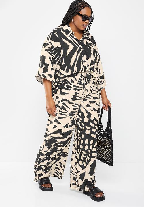 Me&B - Plus printed long wide pants - stone 
