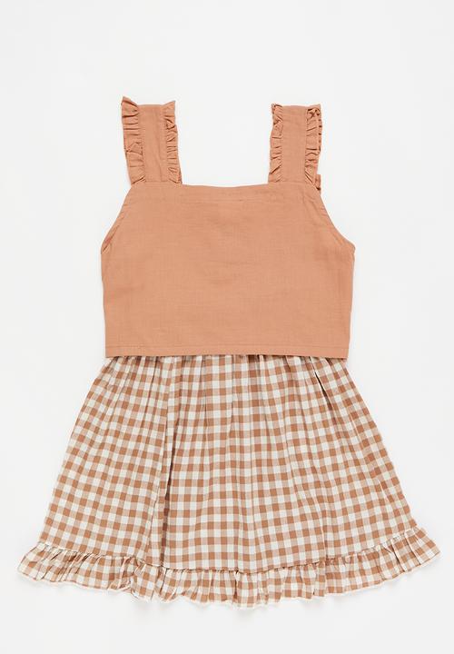 Pop Candy - Girls top & check skirt set - rust