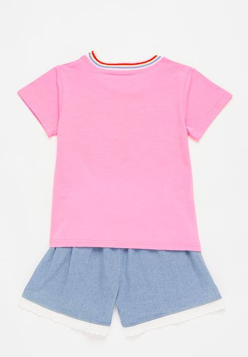Pop Candy - Girls lucky tee & short set - pink & blue