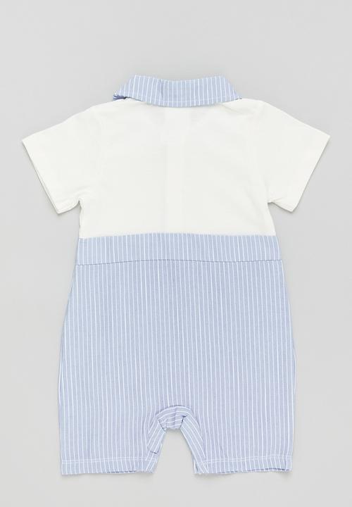 Pop Candy - Boys stripe collar romper - white & blue