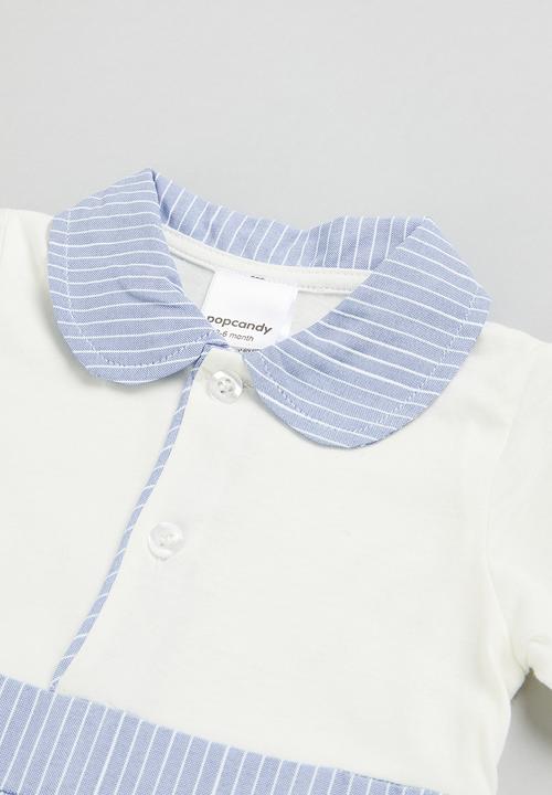Pop Candy - Boys stripe collar romper - white & blue