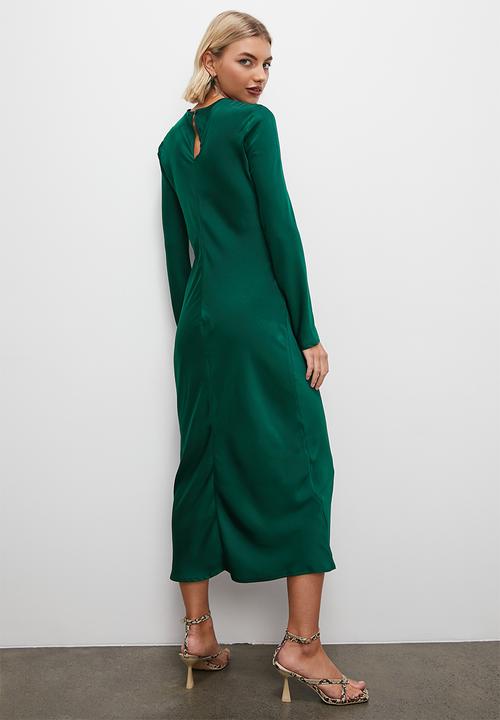 VELVET - Long sleeve satin slip dress with slit - bottle green