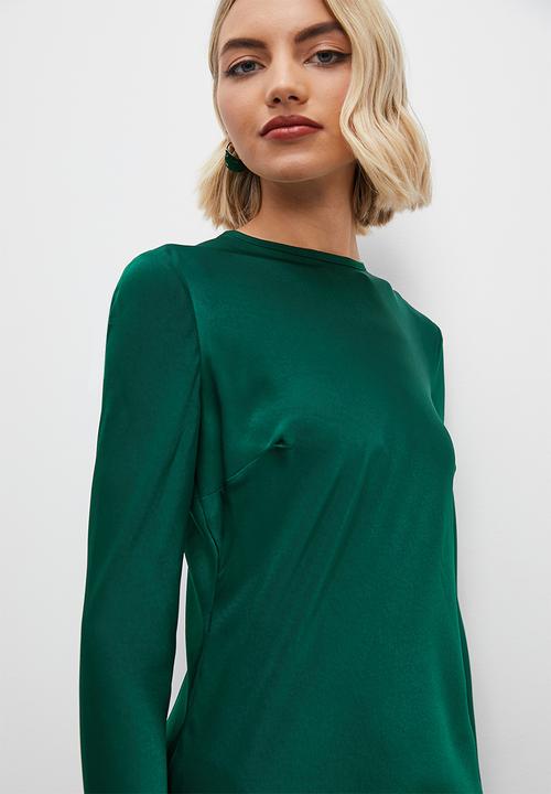 VELVET - Long sleeve satin slip dress with slit - bottle green