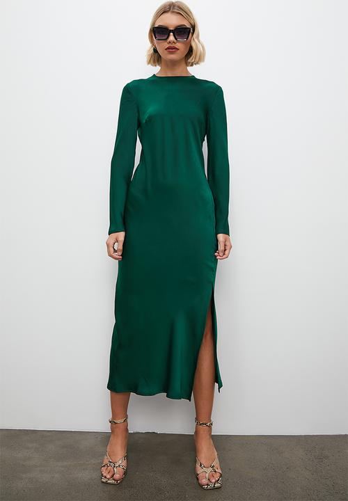 VELVET - Long sleeve satin slip dress with slit - bottle green