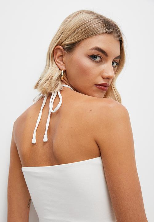 VELVET - Co ord halter with ruched front crop top - winter white