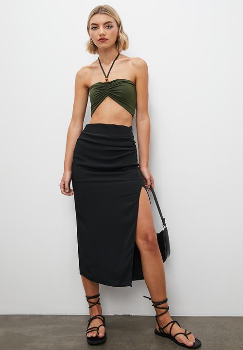 VELVET - Co ord halter with ruched front crop top - olive