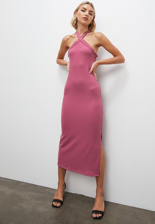 VELVET - Halter knit tank dress with open back - mulberry