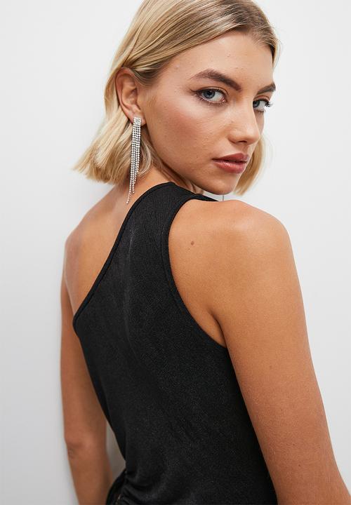 VELVET - Asym drawstring side cut out detail maxi dress - black