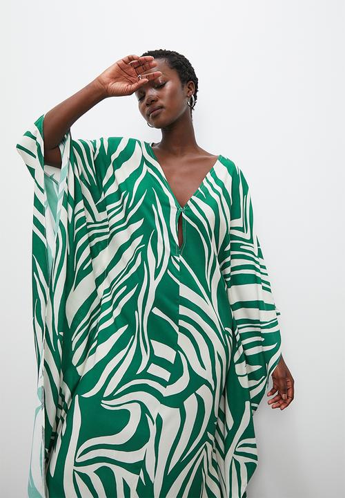 VELVET - Maxi kaftan dress with front keyhole - mono animal green
