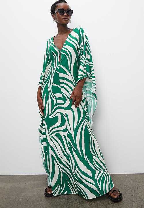 VELVET - Maxi kaftan dress with front keyhole - mono animal green