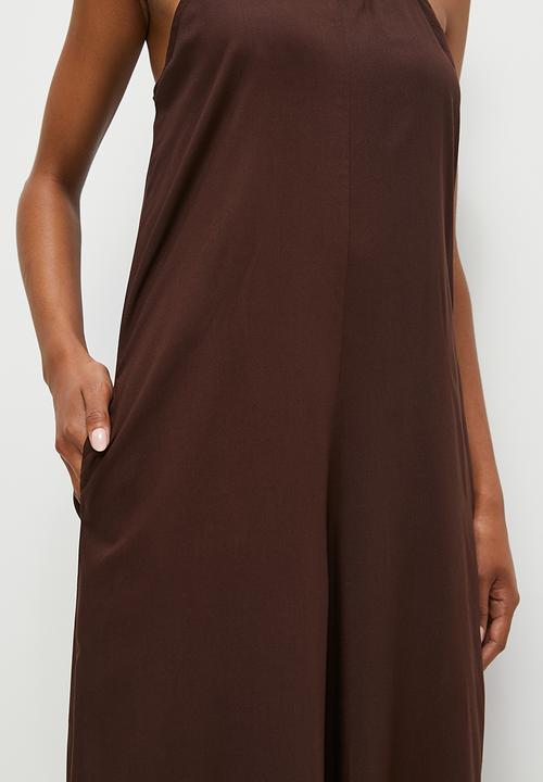 edit - Strappy v-neck wide leg jumpsuit - chocolate