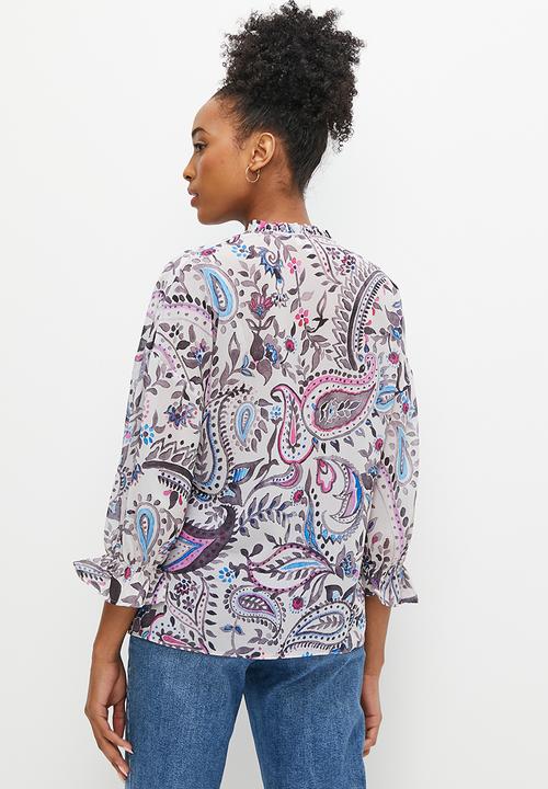 edit - Fluted split sleeve chiffon blouse - purples paisley