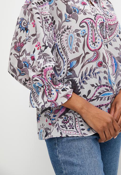 edit - Fluted split sleeve chiffon blouse - purples paisley