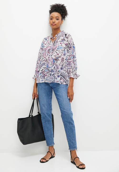 edit - Fluted split sleeve chiffon blouse - purples paisley