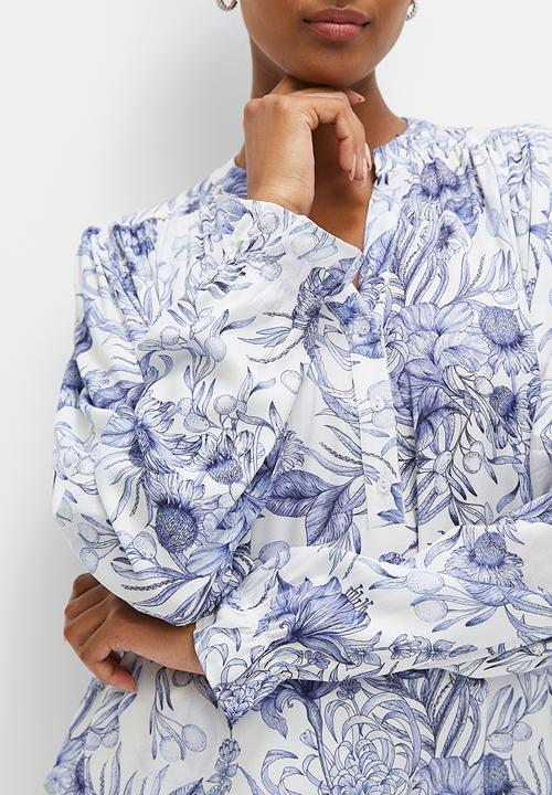 edit - Mandarin bellow sleeve peasant blouse - blues botanical