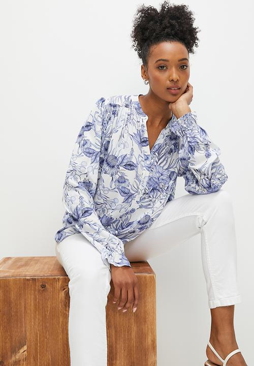 edit - Mandarin bellow sleeve peasant blouse - blues botanical
