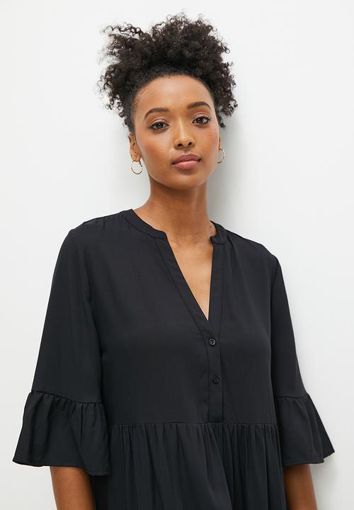 edit - Mandarin collar tiered swing dress - black