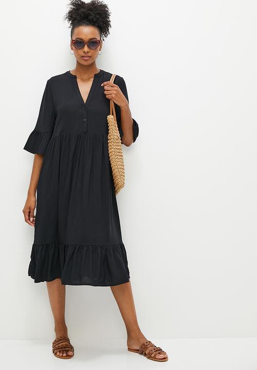 edit - Mandarin collar tiered swing dress - black