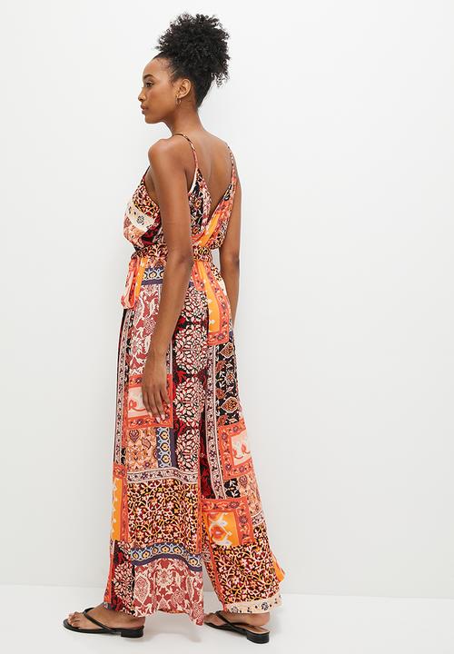 edit - Boho print mix wide leg jumpsuit - magenta paisley