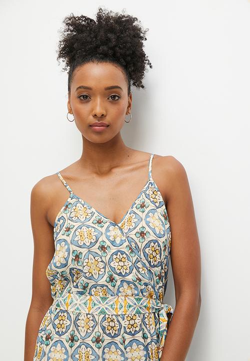 edit - Boho print mix wide leg jumpsuit - blue tile print