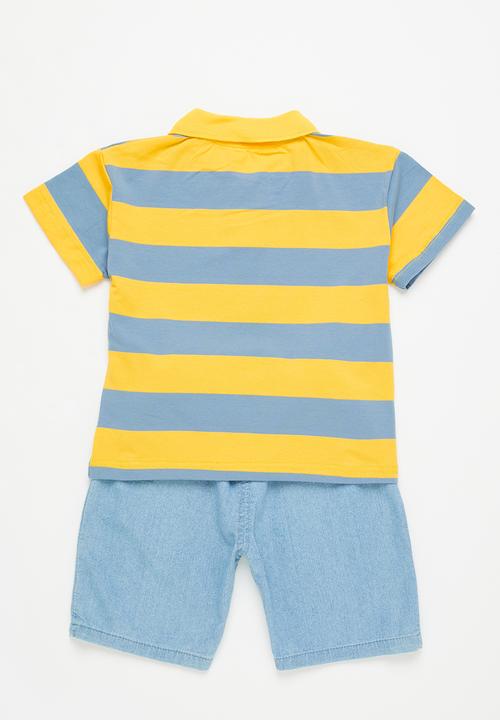 Pop Candy - Stripe golfer & short set - blue & yellow