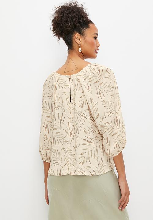 edit - Puff sleeve pleat detail blouse - olive leaves
