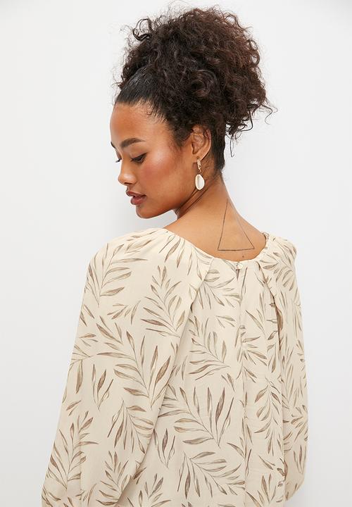 edit - Puff sleeve pleat detail blouse - olive leaves