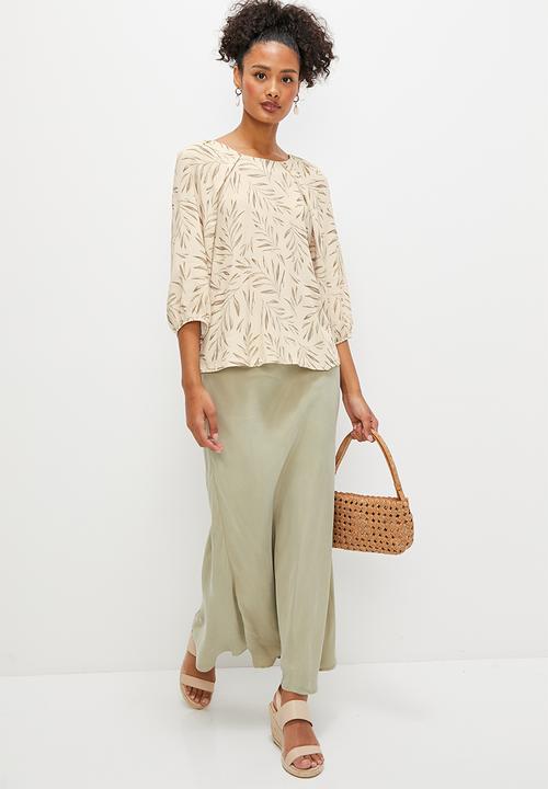 edit - Puff sleeve pleat detail blouse - olive leaves