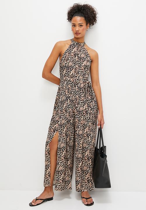 edit - Split leg high neck jumpsuit - mono abstract animal