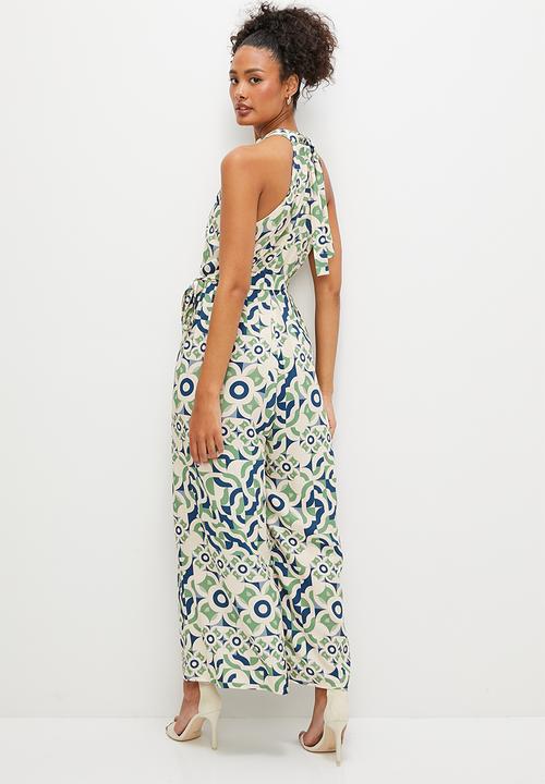 edit - Split leg high neck jumpsuit - green geometric print