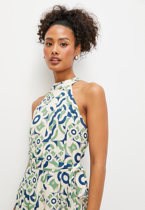edit - Split leg high neck jumpsuit - green geometric print
