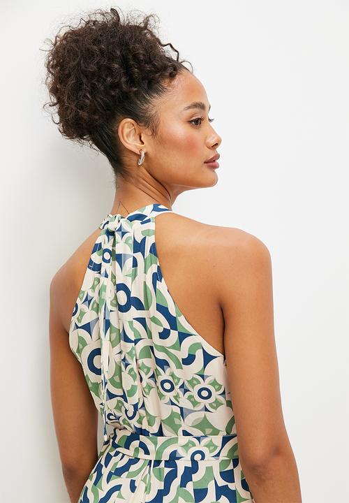 edit - Split leg high neck jumpsuit - green geometric print