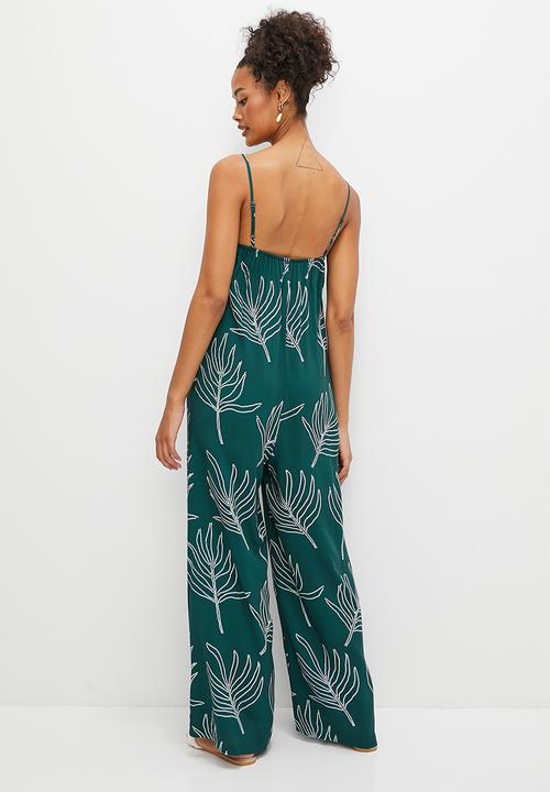 edit - Boobtube wideleg jumpsuit - teal beaded palm print
