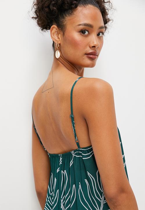 edit - Boobtube wideleg jumpsuit - teal beaded palm print