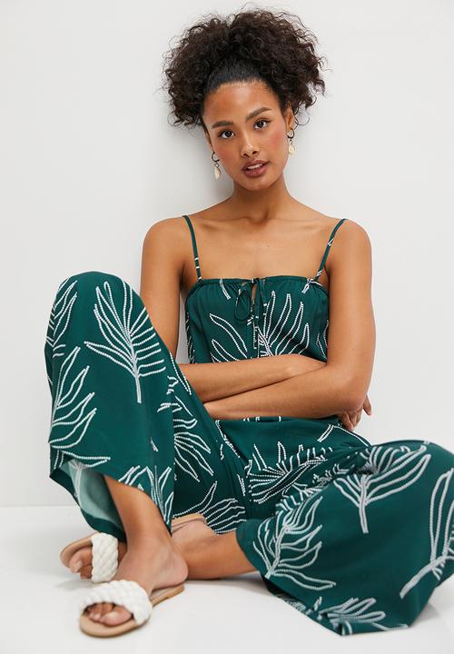 edit - Boobtube wideleg jumpsuit - teal beaded palm print