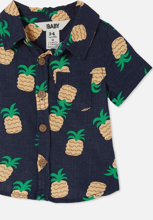 Cotton On - Leonard button down shirt - indigo & tropical pineapples