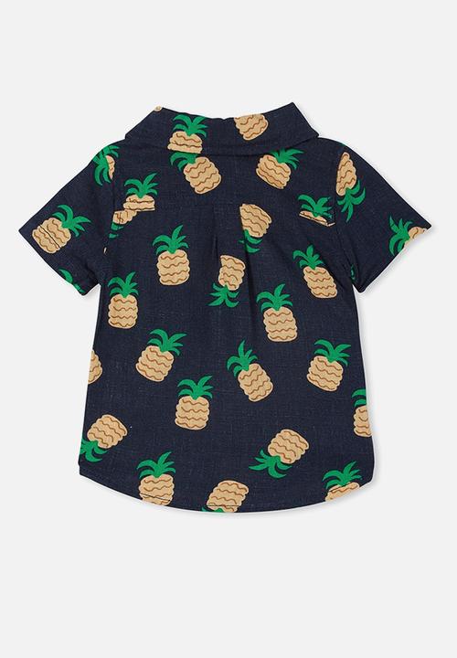 Cotton On - Leonard button down shirt - indigo & tropical pineapples