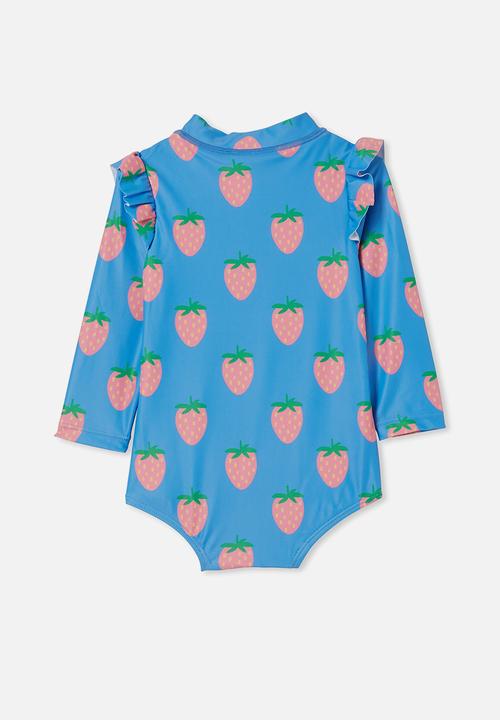 Cotton On - Nicky long sleeve ruffle swimsuit - bluebell & strawberry bliss