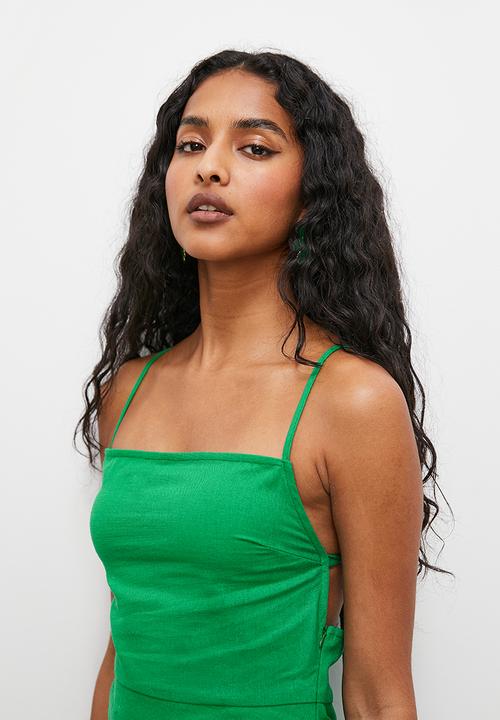 VELVET - Open back gathered linen blend midi - green