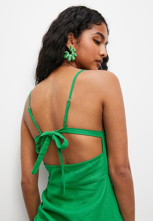 VELVET - Open back gathered linen blend midi - green