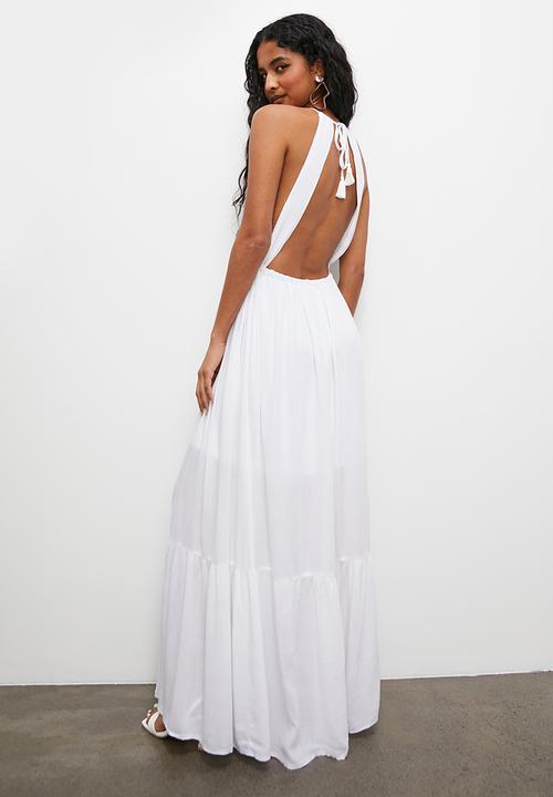 VELVET - Boho halter tiered maxi trapeze dress - white