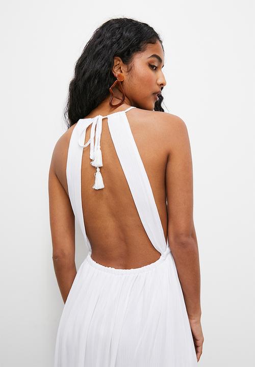 VELVET - Boho halter tiered maxi trapeze dress - white